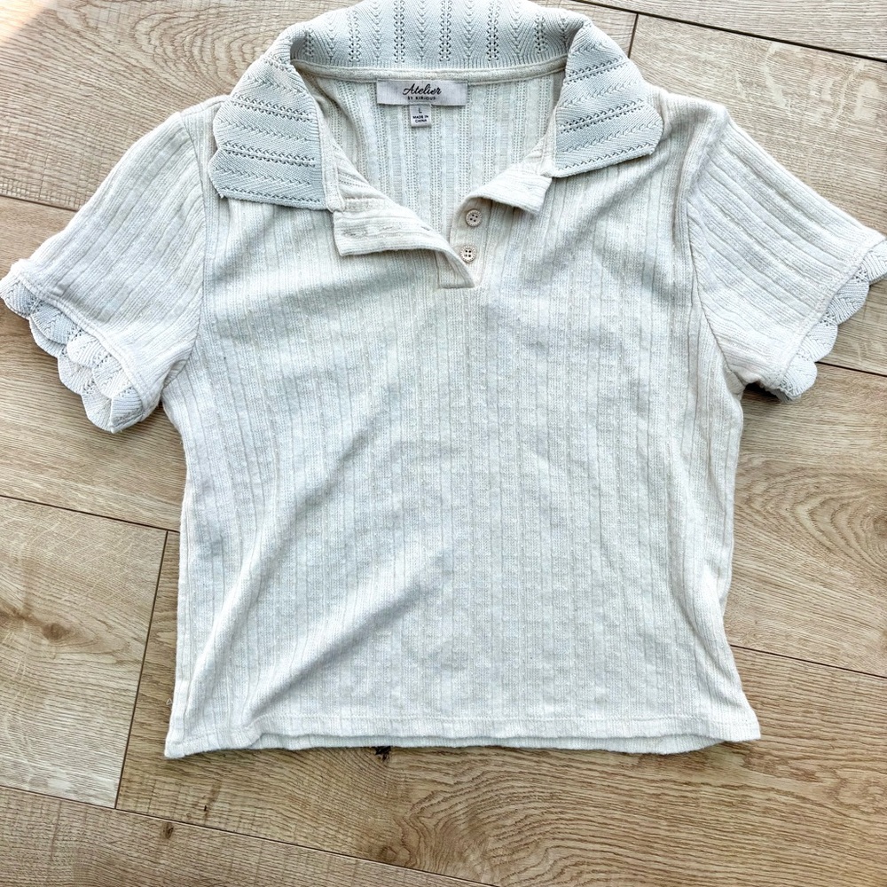 Atelier Women's Coquette Ribbed Polo Shirt Ivory with Scallop Collar Bella Elena